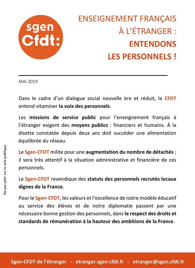 tract distribué par le Sgen‑CFDT à l'occasion du séminaire de concertation sur le plan de développement de l'enseignement français à l'étranger